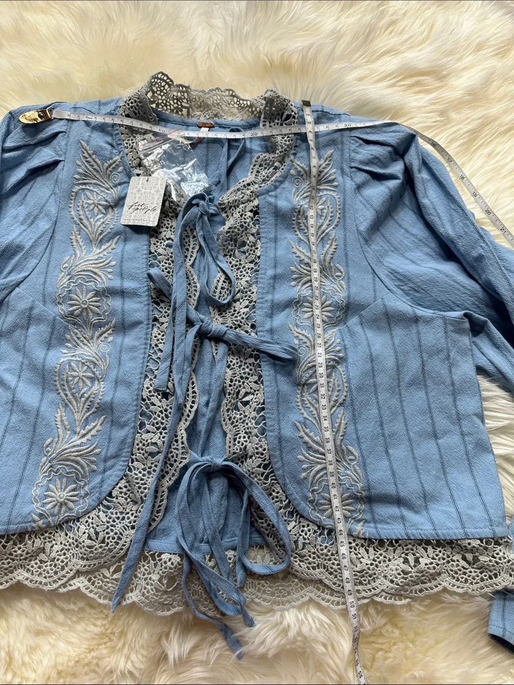Free People Bali Jude Top Pale Blue Embroidered Lace Tie-Front Blouse - Picture 6 of 10